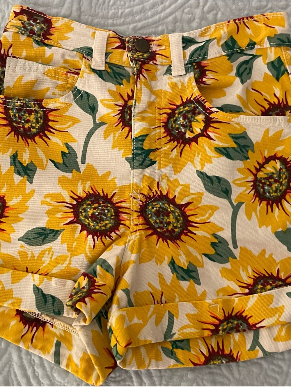 American Apparel Yellow Floral-Trim Jean Shorts